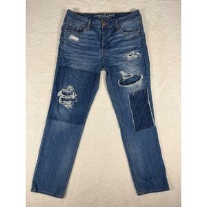American Eagle Distressed Boyfriend Jeans Womens‎ 10 Blue Good Patchwork Denim